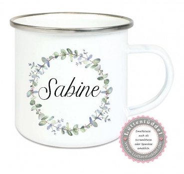 Tasse Emailletasse Blumen Kranz Eukalyptus, Name Wunschname Freundin Dankeschön, Geburtstag, Muttertag, Geschenk, Becher von Lüttentüddel®